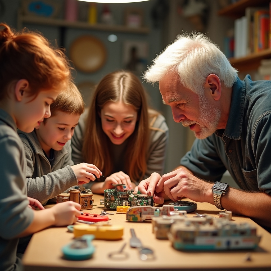 Familie beim Reparieren im Repair-Café
